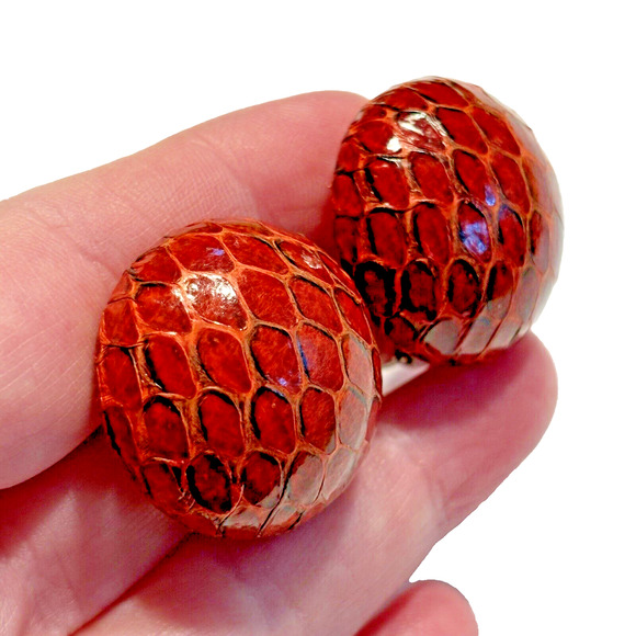 Vintage Mid Century Chunky Clip On Earrings Snakeskin Rounds Red Orange Leather - Picture 2 of 6